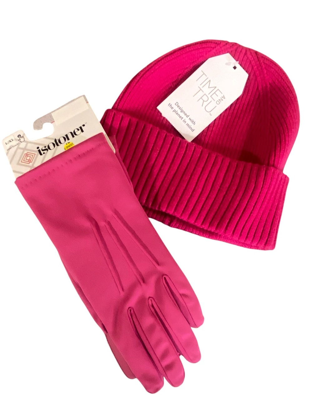 Isotoner Pink Gloves Time & Tru Knit Beannie Matching Set Winter Weather Bundle